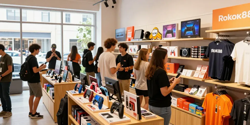 Shoppers engaging with ROKOK88 products in a vibrant lifestyle store, exploring exclusive merchandise.