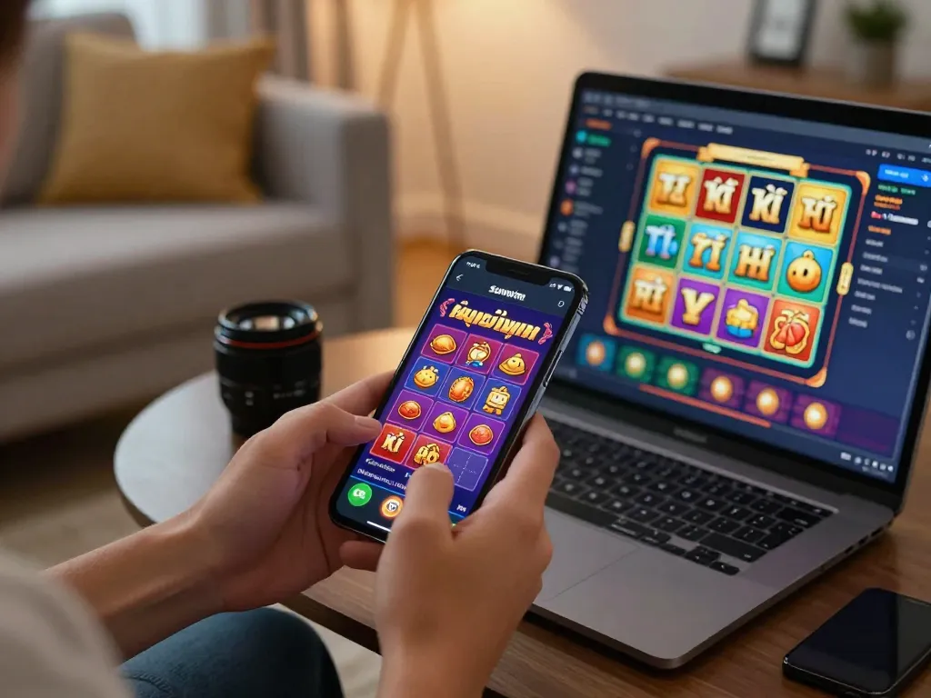 Engaging user experience while tải sunwin on smartphone in cozy living room.