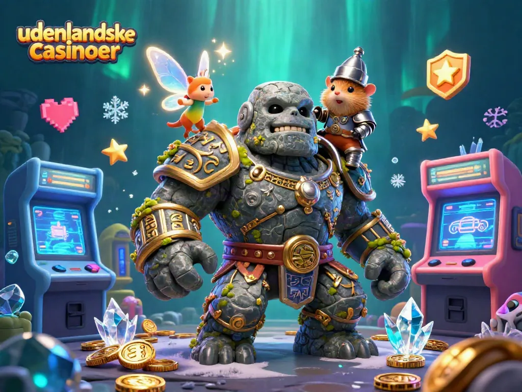 Experience the magic of udenlandske casinoer with a golem guardian and fairy companion in a vibrant gaming scene.
