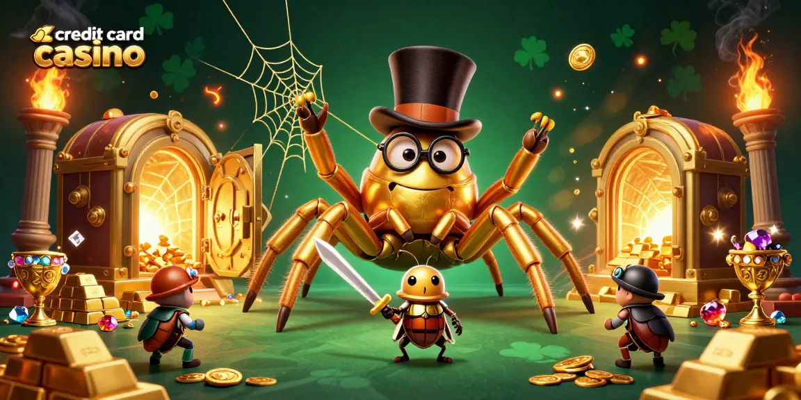 Engage in the thrill of a credit card casino with a dynamic scene featuring a golden tarantula and beetle knight amidst treasures.