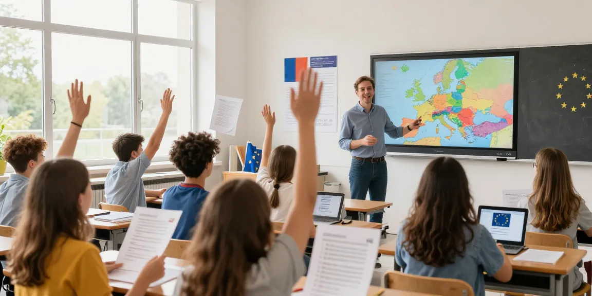 Students participating in a European Union Quiz, engaging with learning materials and teacher in a bright classroom.