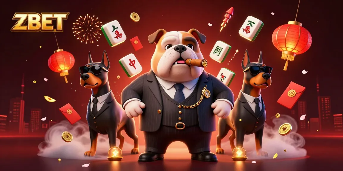 ZBET Casino Illustration featuring a mafia bulldog, bodyguard Dobermans, and festive gambling elements
