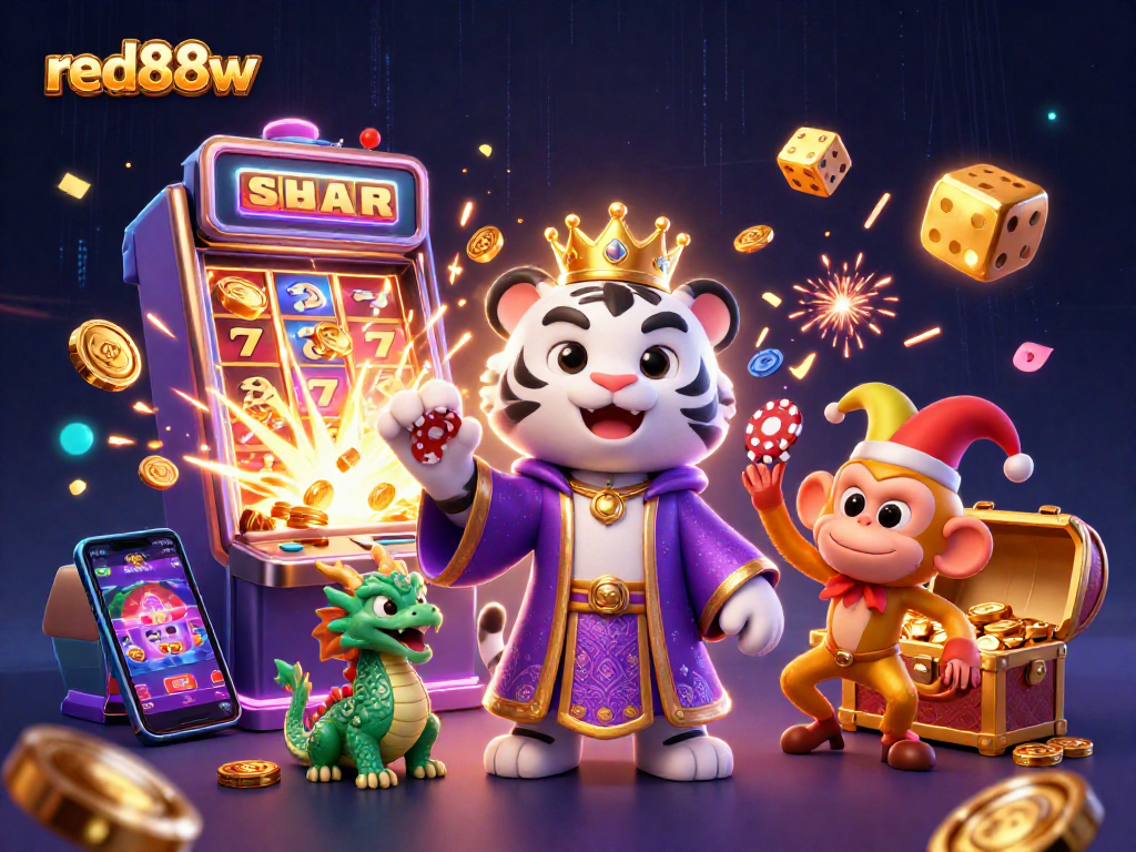Experience thrilling casino excitement with red88w featuring a majestic tiger, playful monkey, and dynamic gaming elements.