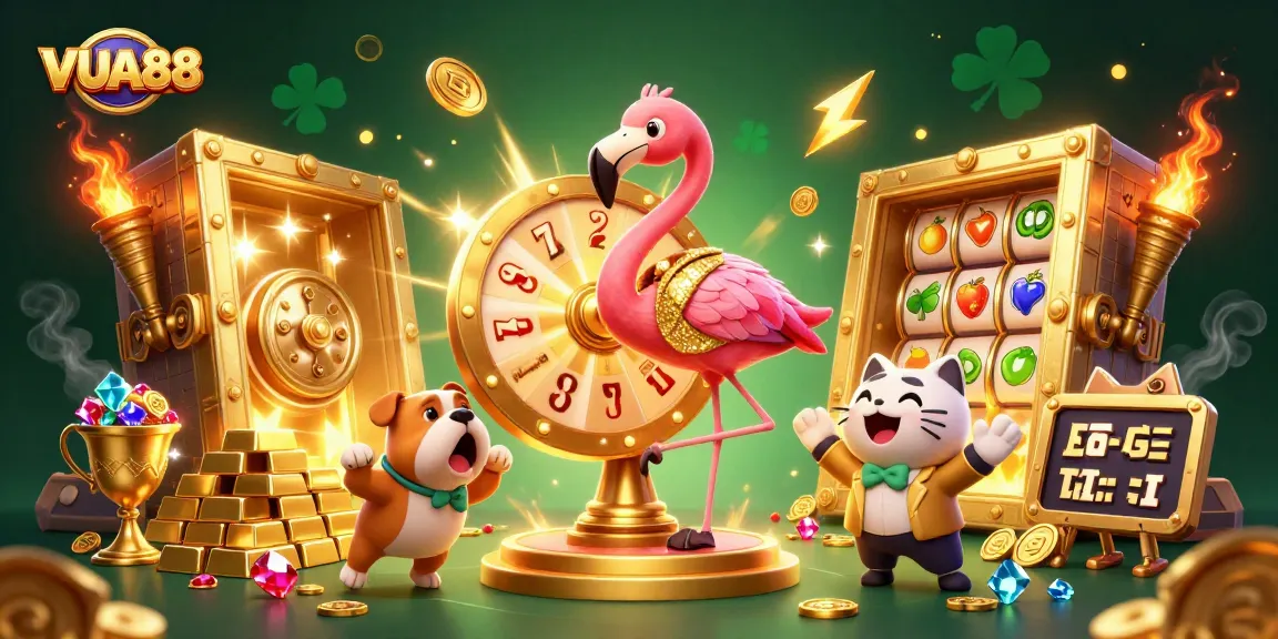 Experience VUA88's thrilling gaming atmosphere with a lively cartoon casino scene.
