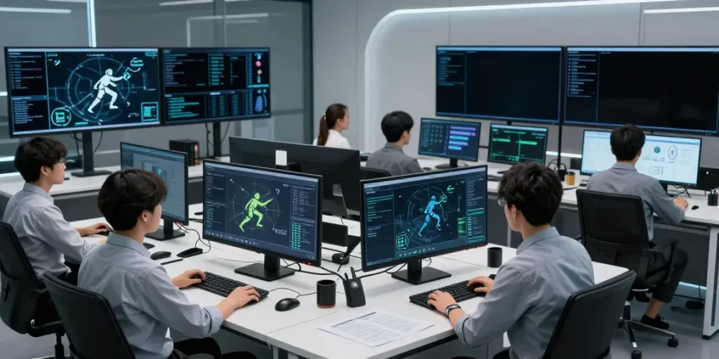 Adversarial assessment in a high-tech cybersecurity workspace featuring professionals analyzing threat scenarios.