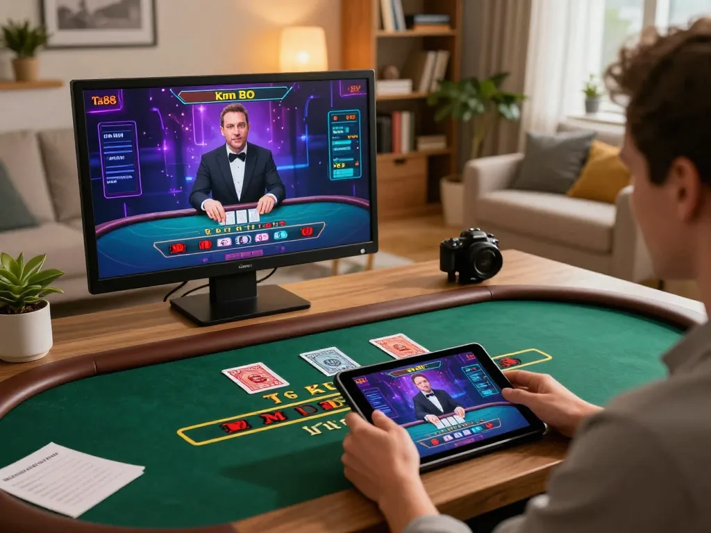 Engaging gameplay experience at Ta88 online casino with live dealer blackjack on tablet.