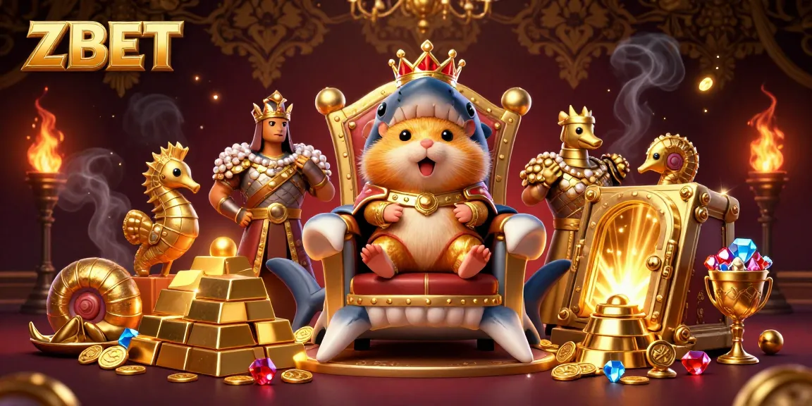 ZBET offers exciting casino action featuring a golden hamster king amidst treasures and playful seahorse royal guards.