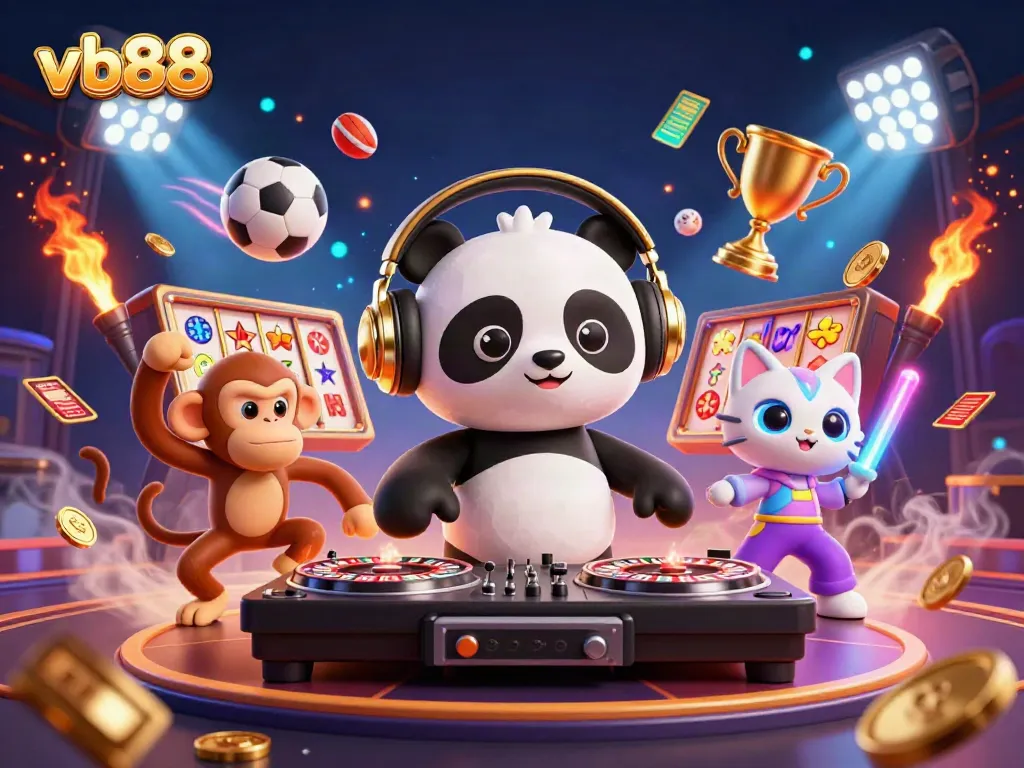 Engage with VB88's exciting games at an electrifying casino scene featuring a DJ panda and breakdancing characters.