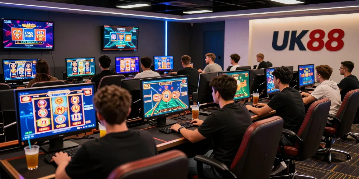 Diverse players enjoying online games at UK88 platform in a modern gaming lounge environment.