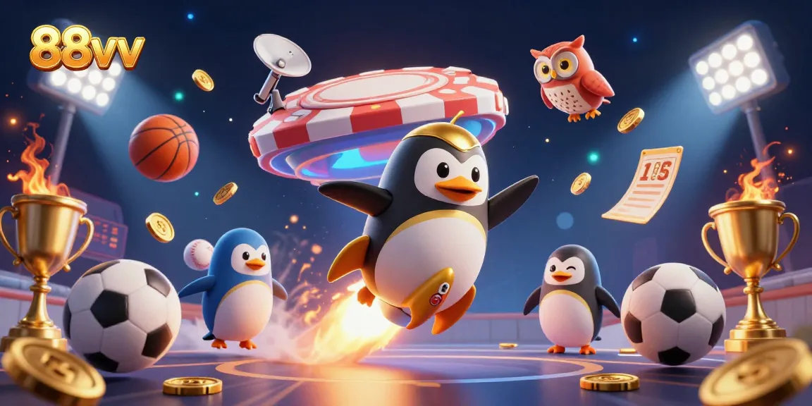 Experience the thrill at 88vv with a golden penguin launching towards a casino space station!