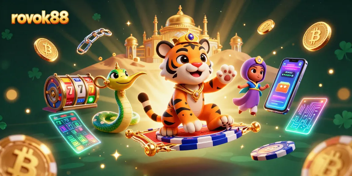 Experience the excitement of rokok88 with a vibrant 3D casino illustration featuring a tiger sultan and slot machines.