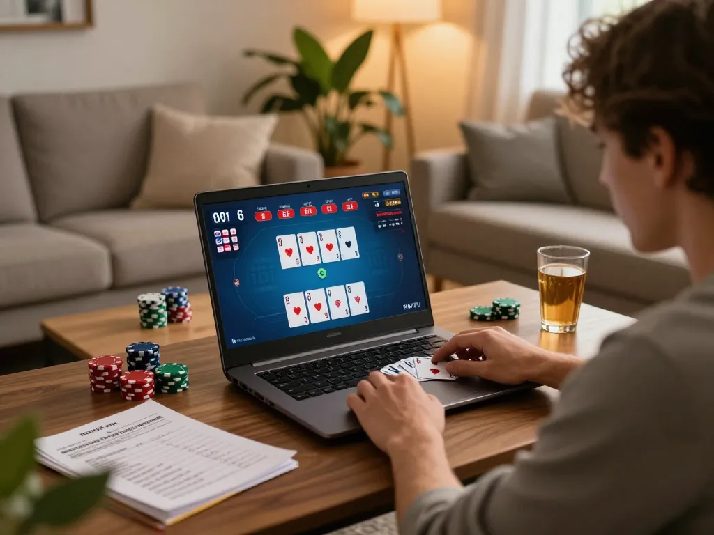 Berpartisipasi dalam rokok 88 poker online dengan laptop di lingkungan ruang tamu yang nyaman.