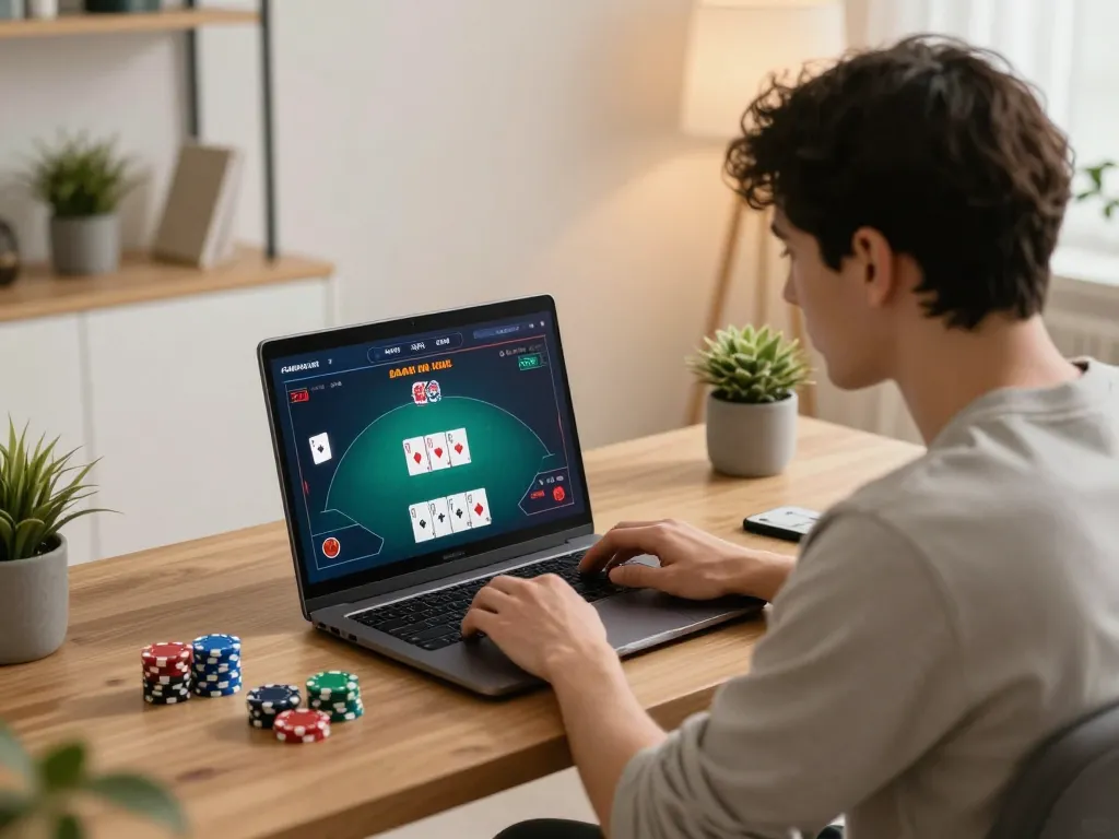 du88 online gambler immersed in poker action at stylish home office