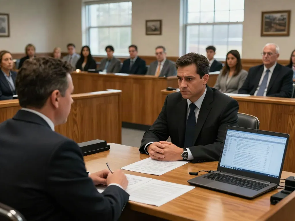 View of Forsyth County GA DUI court with defense attorney and client discussing legal strategies.