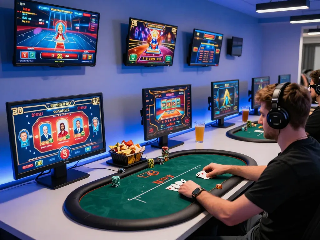 Player engaged in strategic online poker game at home with five88m showcasing diverse casino games on multiple screens