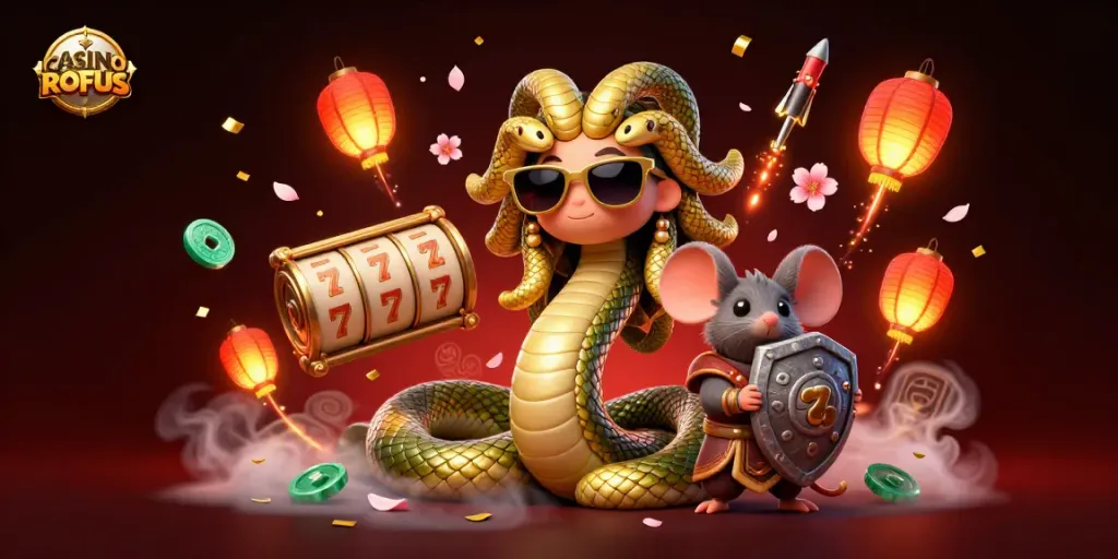 Experience excitement at casino uden ROFUS with vibrant 3D characters and casino elements.