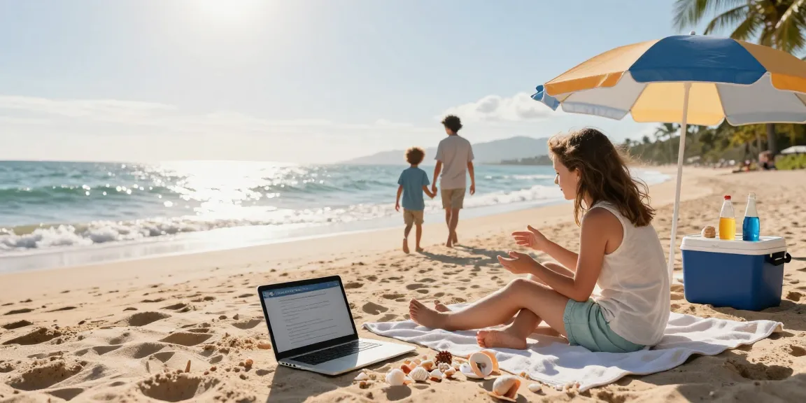 Family researching best timeshare exit companies on the beach while discussing their cancellation journey.