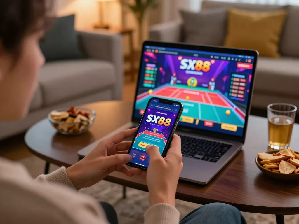SX88 user engaging in online gaming on smartphone in cozy living room.