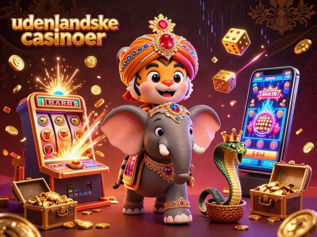 Win big with udenlandske casinoer featuring a maharaja tiger and jackpot elements in a vibrant 3D scene.