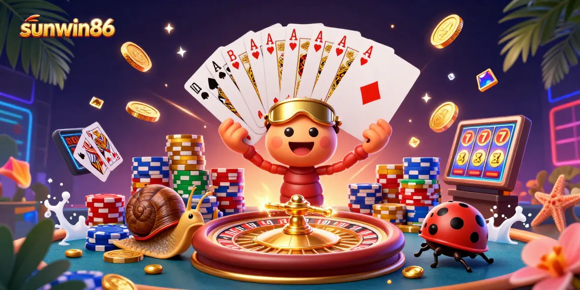 Experience vibrant action at sunwin86 with a 3D illustrated casino scene featuring dynamic gameplay elements.