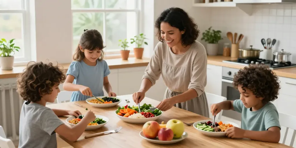 Family using a Portion Control Plate to prepare balanced meals in a bright kitchen.