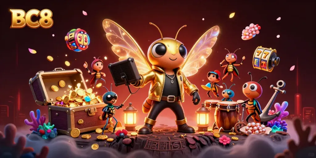 Experience the vibrant world of BC8 with dazzling online gaming elements like slot reels and gold treasures.