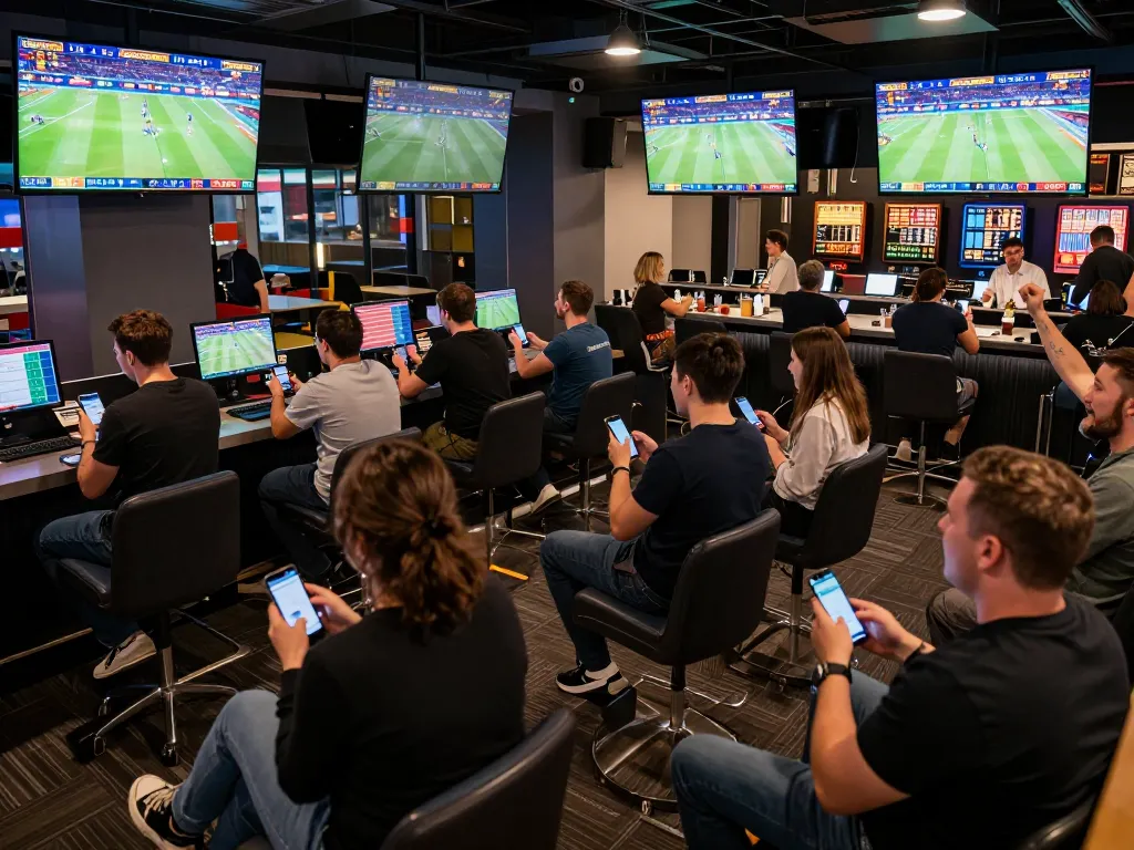 Tỷ lệ kèo nhà cái hôm nay displayed on screens in a lively sports betting lounge with excited fans