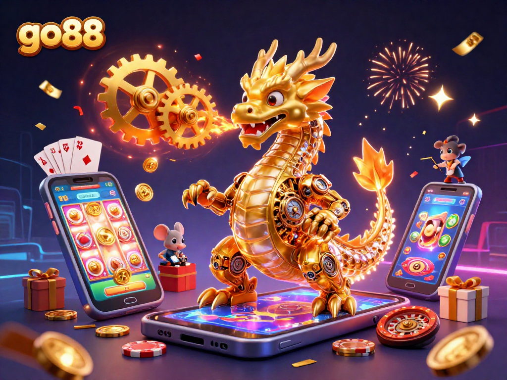 Experience thrilling gameplay at go88 with a 3D biomechanical dragon and vibrant casino elements.