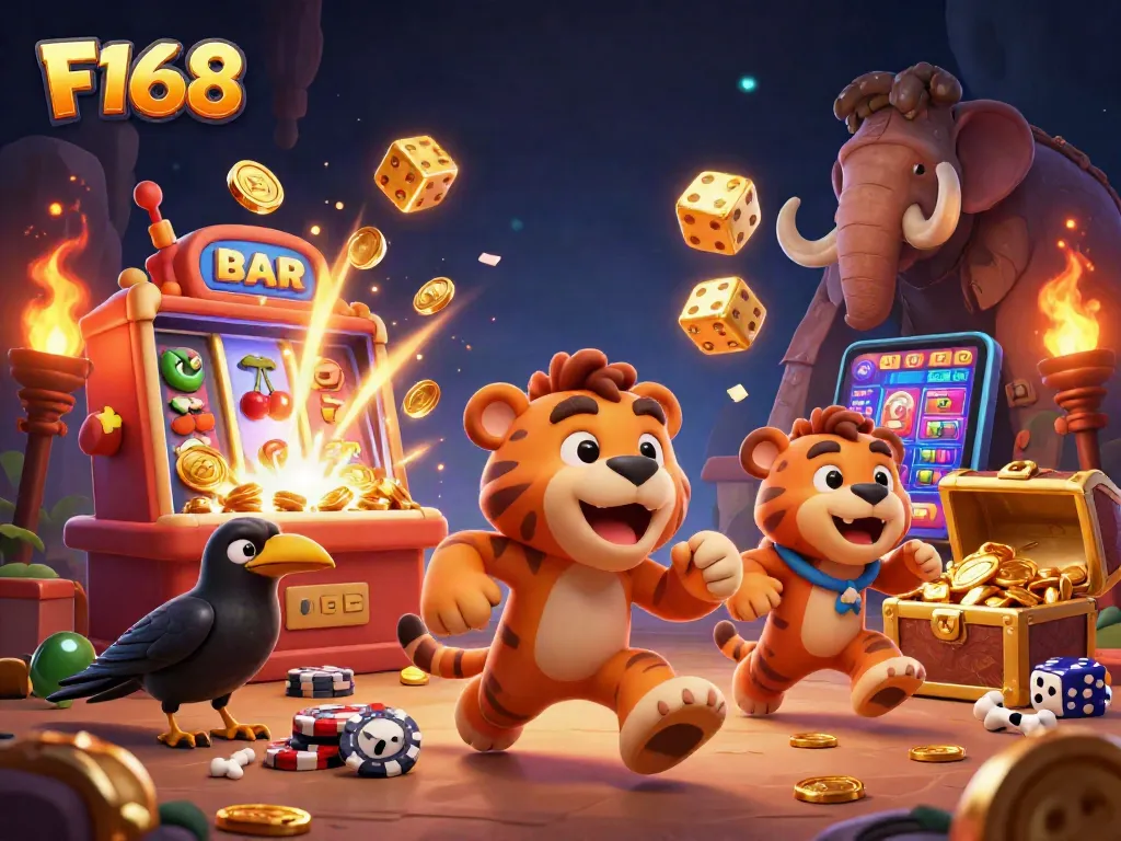 Experience the thrill of F168 with a dynamic prehistoric casino featuring vibrant characters and explosive jackpot games.