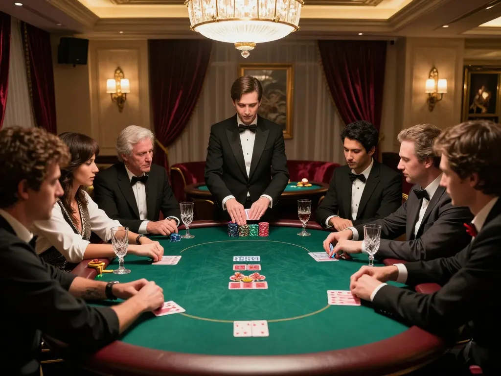 Players engaging in high-stakes poker at vipwin.com casino under warm ambient light.