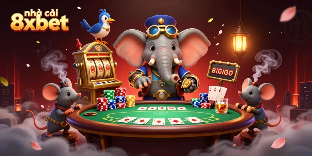 Spin the golden slot machine at nhà cái 8xbet, featuring steampunk characters and vibrant poker elements.