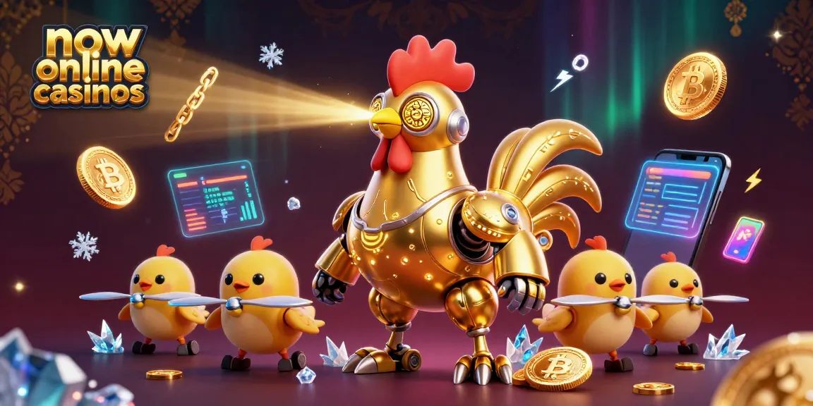 Engage with new online casinos featuring a golden rooster robot amidst vibrant digital elements