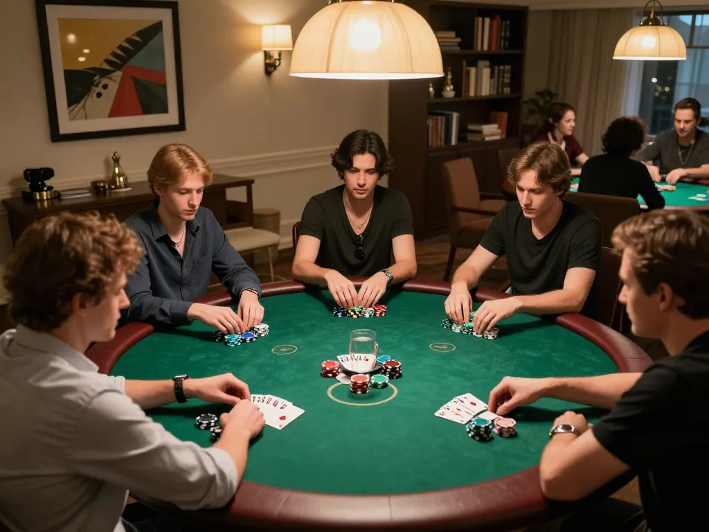 Players evaluating hands and betting in an intense XX88 poker game at a stylish home.