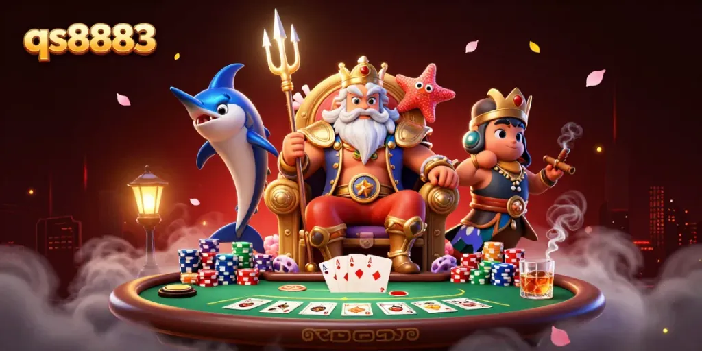 Engage in poker action with qs8883's vibrant ace cards, chips, and Neptune's regal presence.