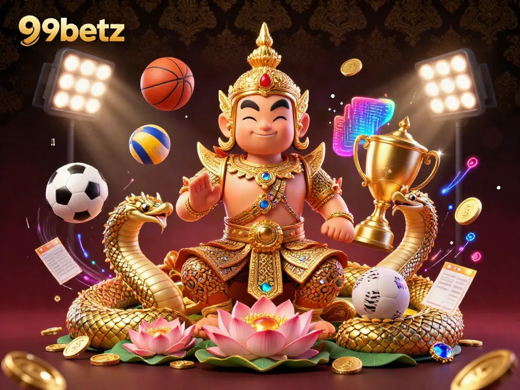 Engage with 9betz’s dynamic gaming scene featuring a friendly guardian, sports elements, and exciting visuals.