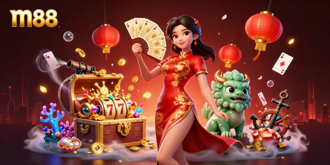 Experience thrilling gameplay at m88 with a vibrant scene showcasing a qipao-clad lady and casino elements.