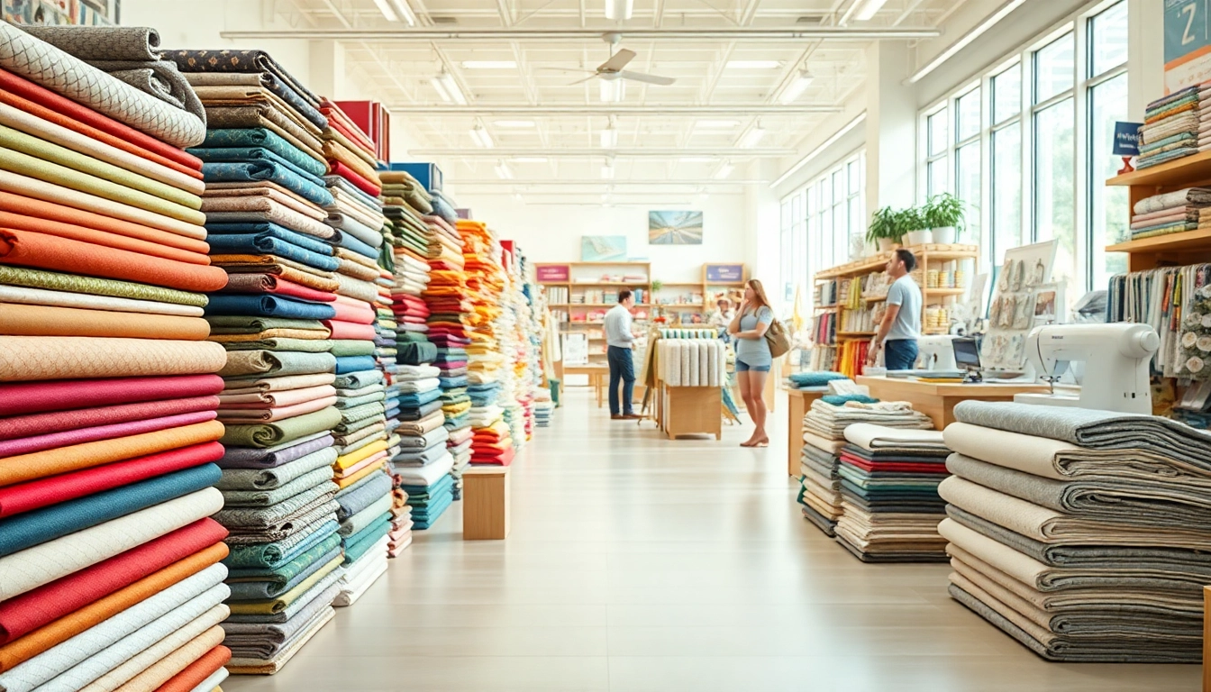Koop stof kopen per meter in een kleurrijke stoffenwinkel met verschillende stoffen.