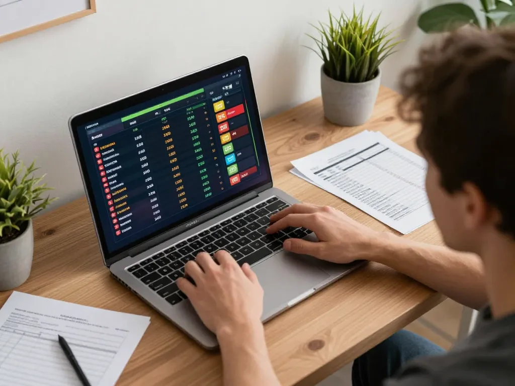 Sports betting with updated tỷ lệ kèo on laptop, displaying strategic notes and comfortable setting.