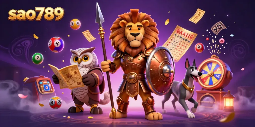 Sao789 players immerse in a vibrant casino scene, engaging with colorful lottery elements and a heroic lion.