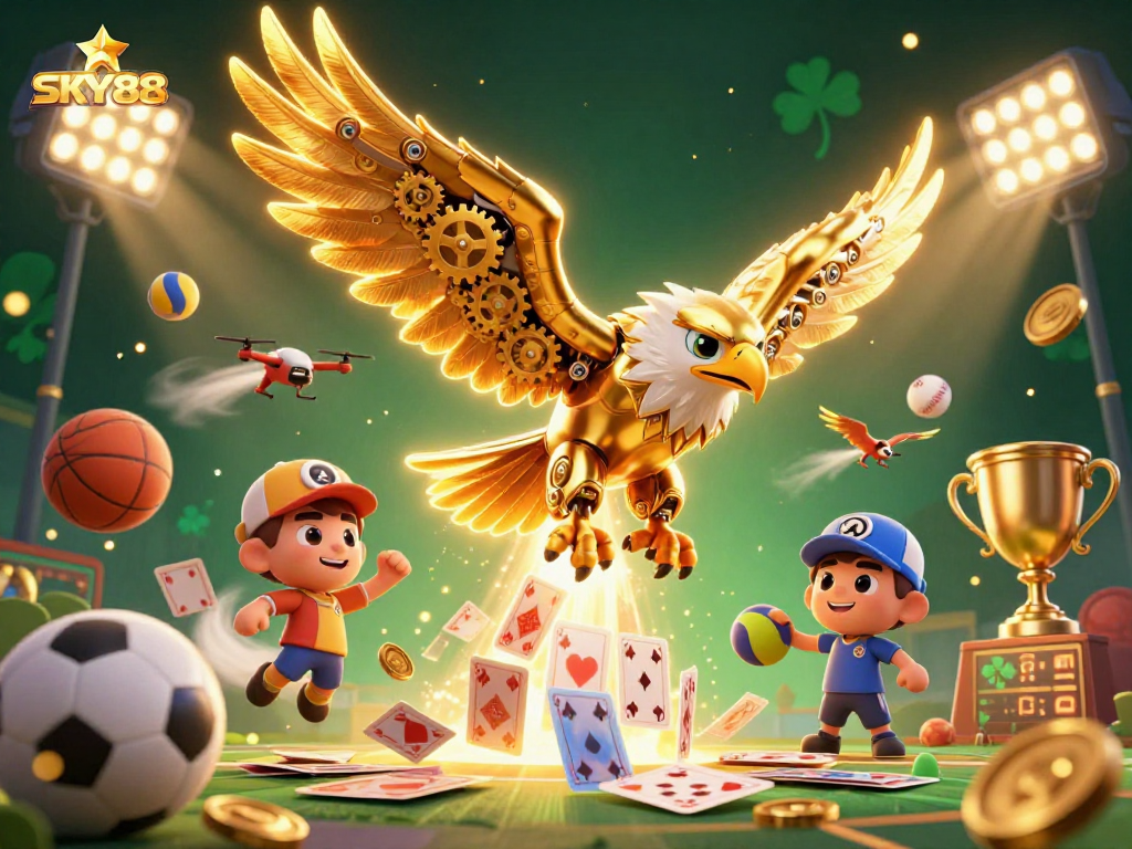 SKY88 showcases an engaging casino scene with a golden eagle amidst dynamic sports betting elements.