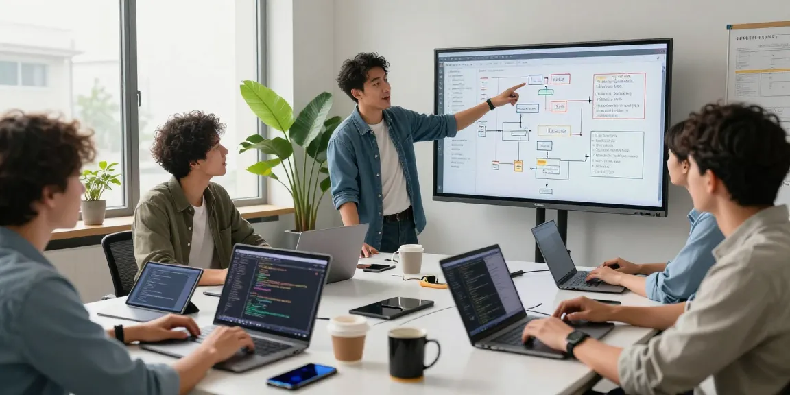 Dynamic collaboration in modern office showcasing WPS Official Website use with laptops, digital whiteboard, and teamwork.
