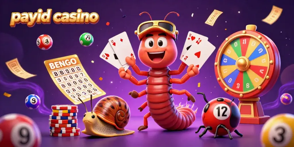Experience the excitement of payid casino as a millipede dealer showcases cards with high-rolling snails by a vibrant game scene.