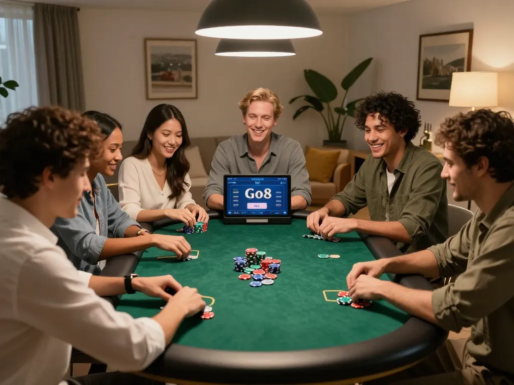 Friends enjoying an online poker session using Go8 app in a cozy home atmosphere