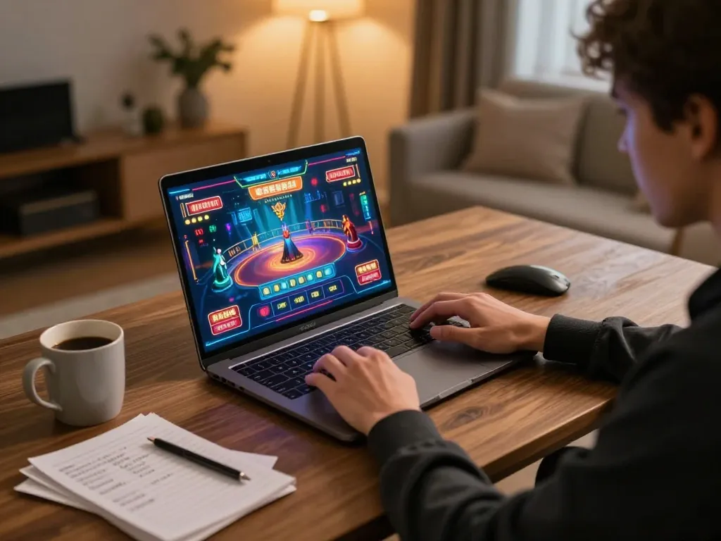LUCKY88 player enjoying online games with vibrant graphics and a cozy setup