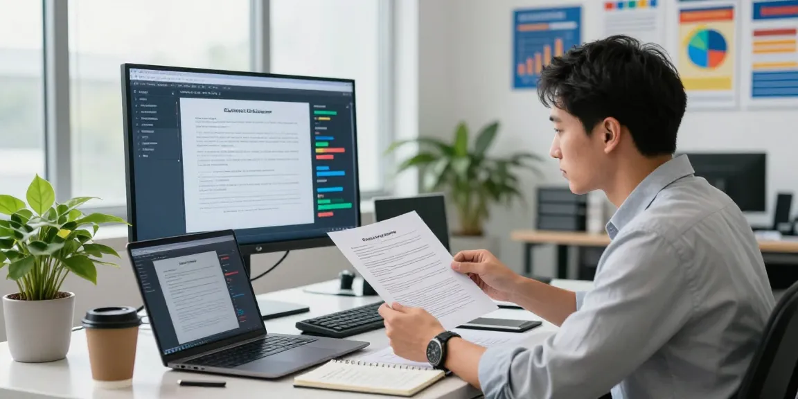 Cybersecurity analyst examining potential document fraud detection with technology and data visualizations in a modern office environment