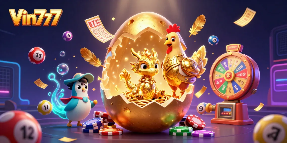 Experience Vin777 with excitement as a golden dragon emerges from a cracking egg, surrounded by vibrant casino-themed elements.