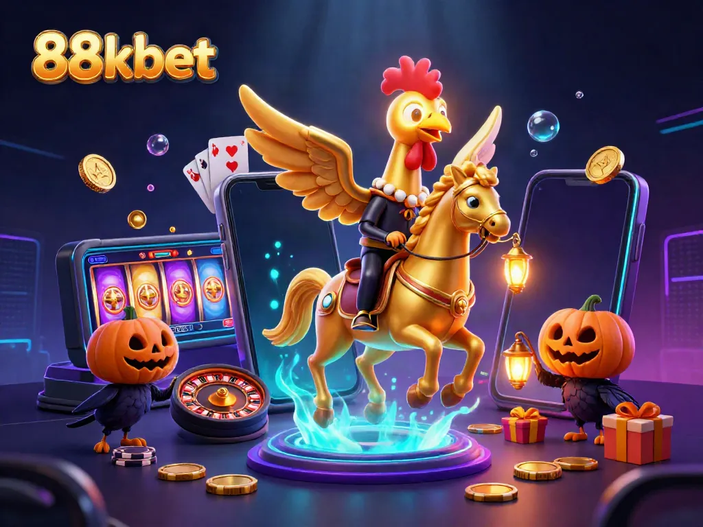 Experience the thrilling gaming atmosphere of 88kbet with captivating visuals showcasing a golden rooster and other enchanting elements.