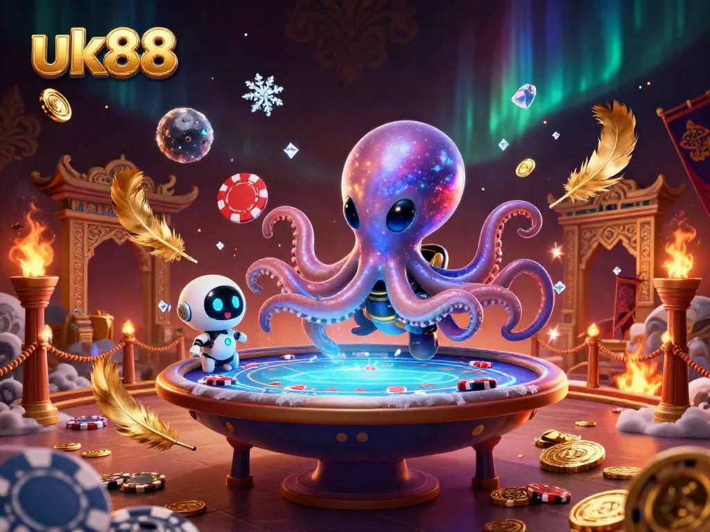 Engage in thrilling gameplay at uk88 with a dynamic alien octopus and poker table illustration.