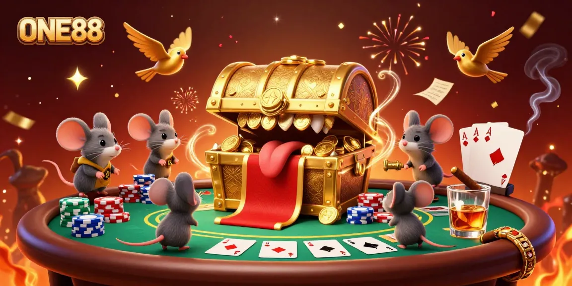 Engage in thrilling gameplay at ONE88 with captivating poker scenes featuring treasure chests and vibrant casino elements.