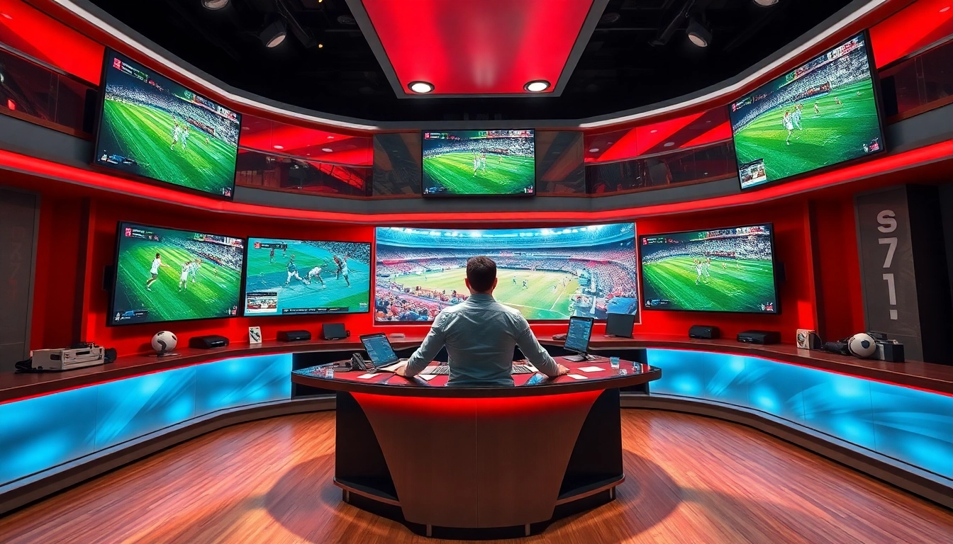 Captivating sports broadcasting studio with a commentator, showcasing live sports coverage excitement.